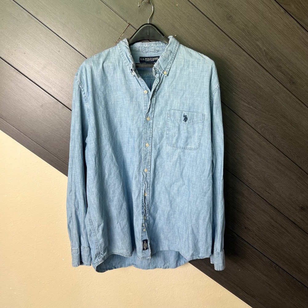 U.S. Polo Assn Mens Chambray Button Down Shirt Blue Long Sleeve 2XL Casual